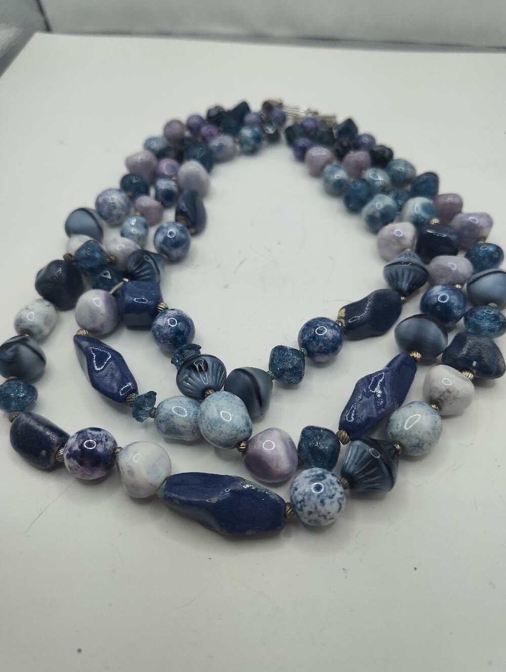 Hattie Carnegie Pottery Blue & Lavender 3 Strand Beaded Statement Necklace